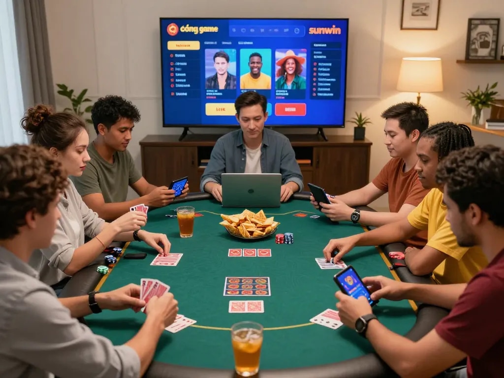 Engaged players enjoying cổng game sunwin in a vibrant home gaming setup with interactive devices and lively atmosphere.