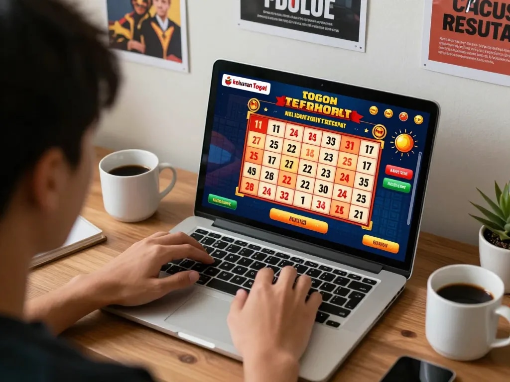 Player analyzing keluaran togel tercepat on laptop, showcasing real-time lottery results in a cozy home workspace