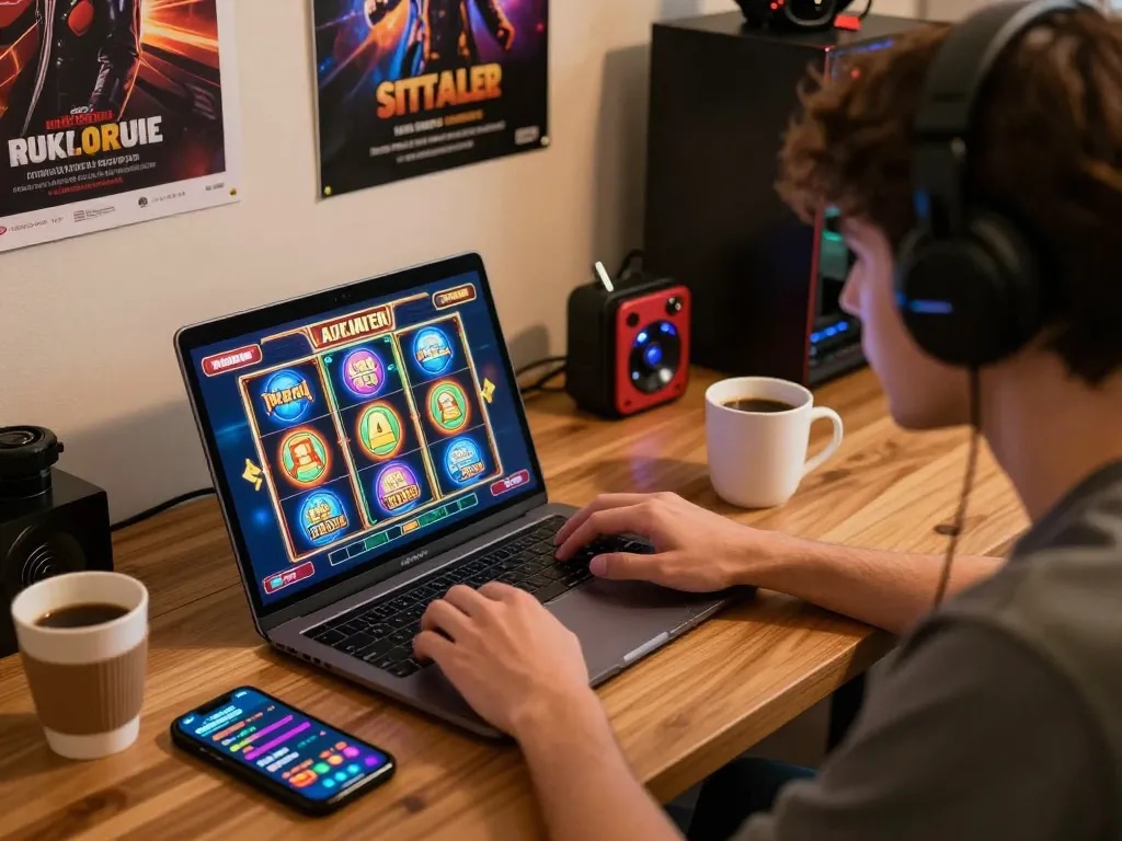 Memainkan permainan slot Gsc108 di laptop dengan smartphone dan kopi, pengaturan gaming yang nyaman.