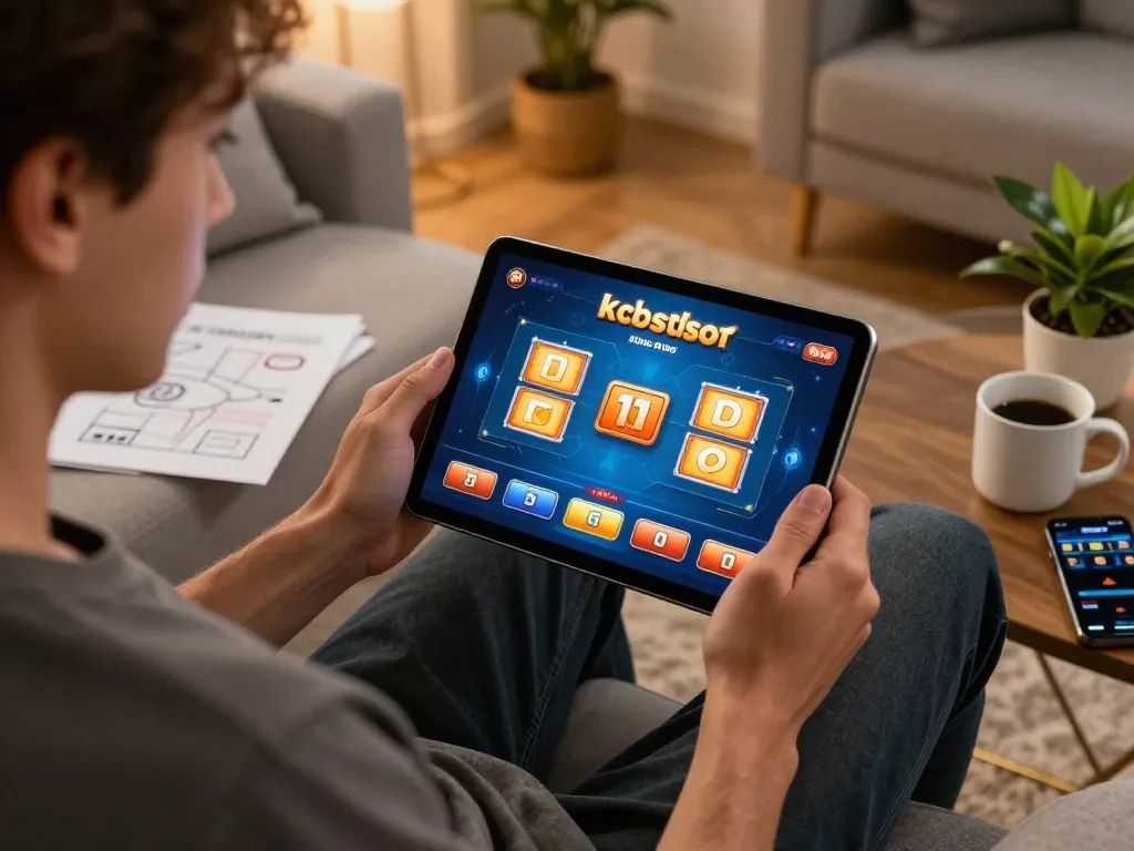 Engaged player strategizing on kdslot online gaming interface in a cozy living room setting.