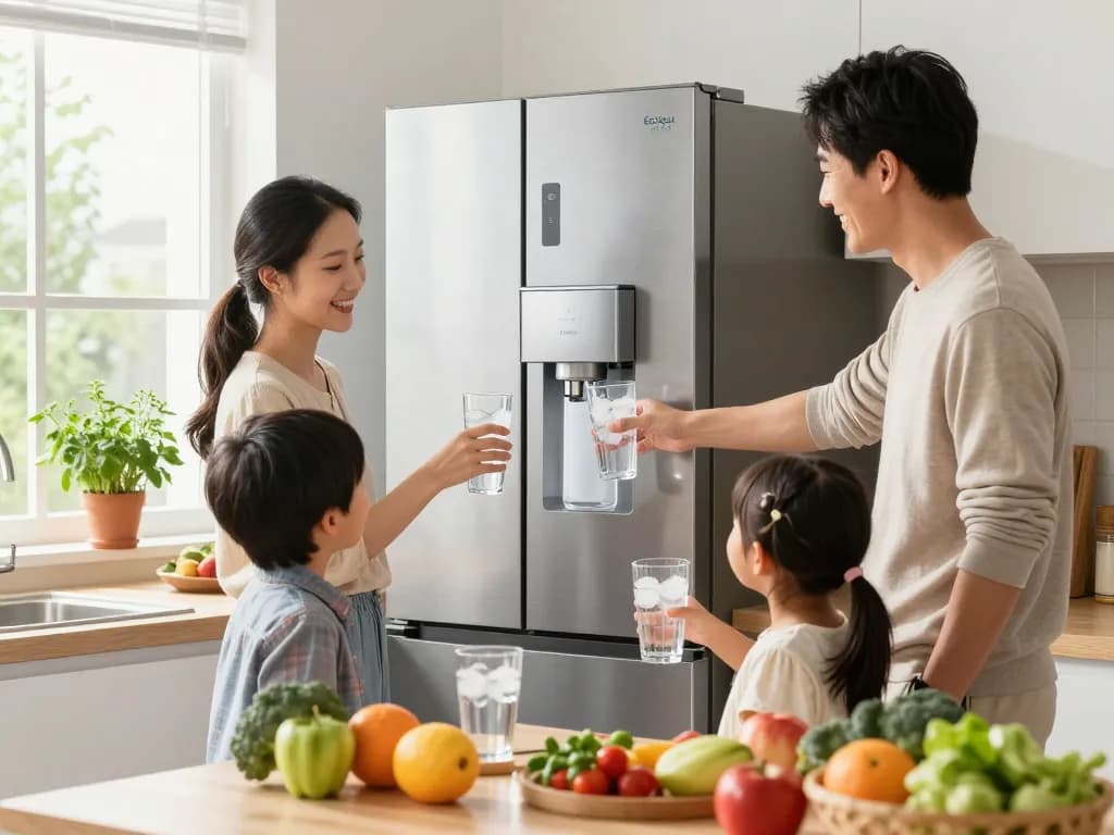 Family enjoying refreshing water with EcoAqua WF1CB Refrigerator water Filter in a bright home kitchen