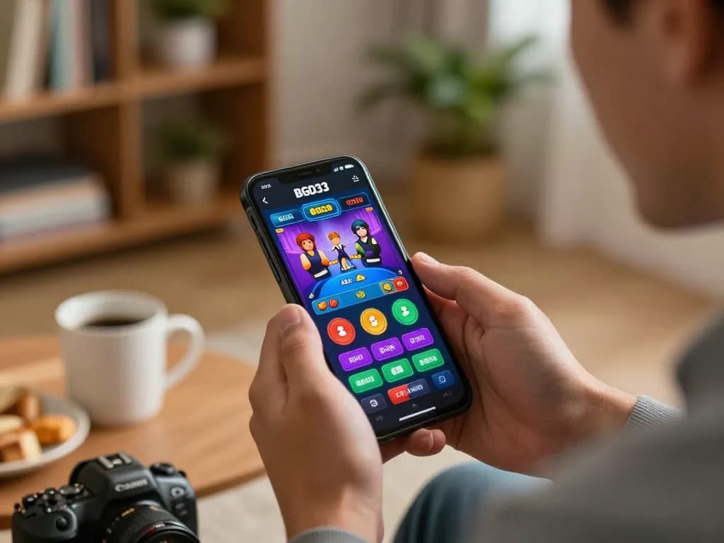 Player engaging with BGD33 mobile app in cozy home setting, showcasing online betting
