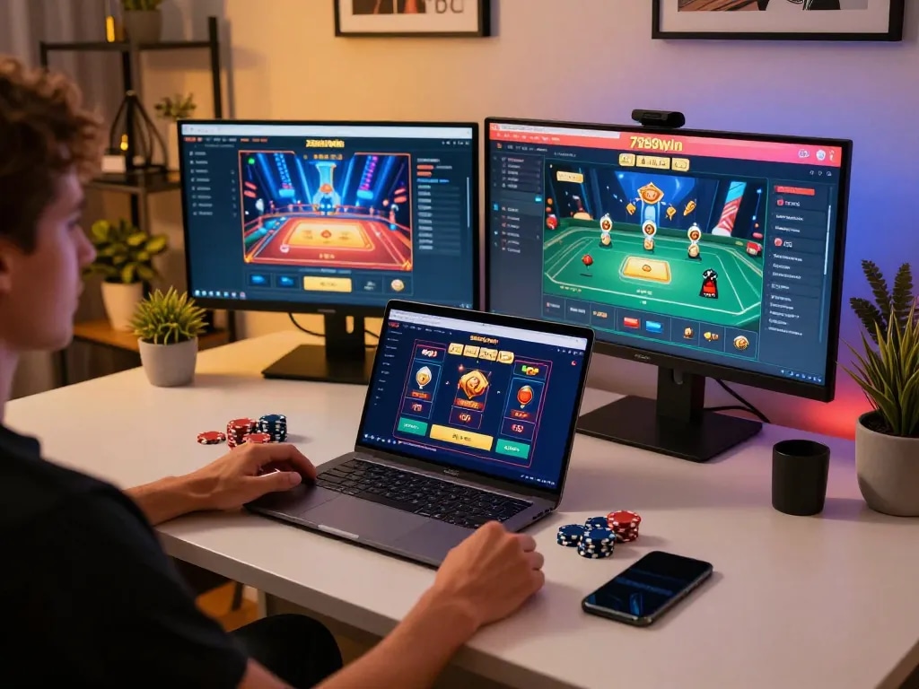 Engaged gamer accessing 789win online casino on a laptop while planning betting strategy