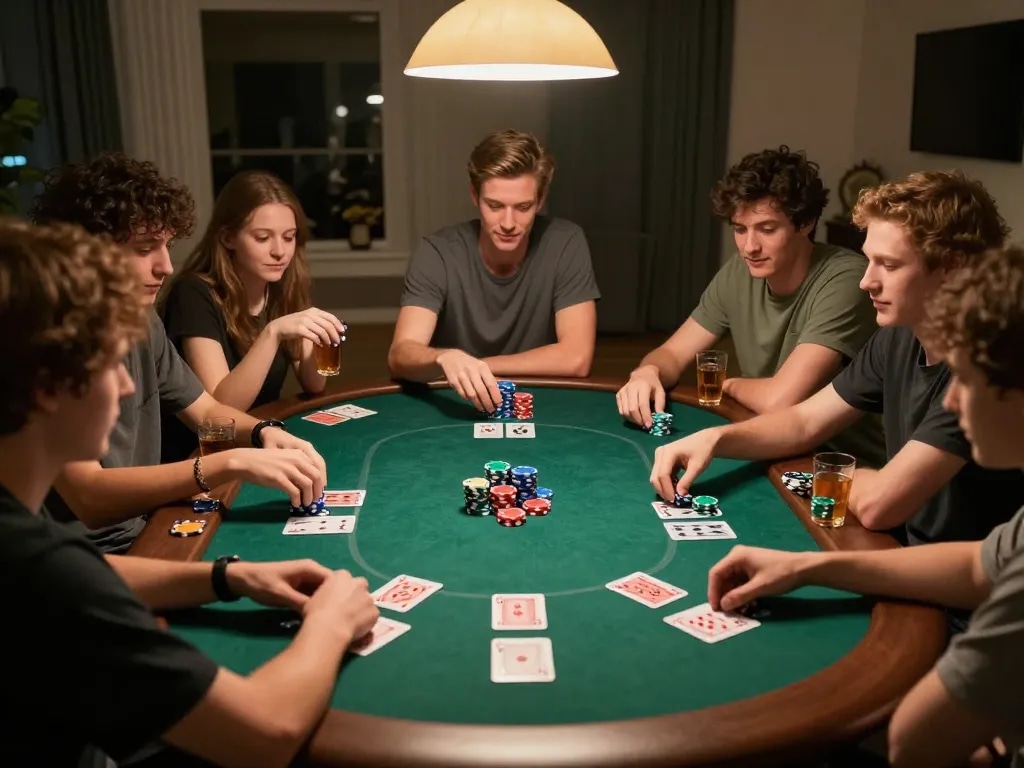 Friends enjoying a lively poker game, strategizing their bets with 388bet poker chips and cards