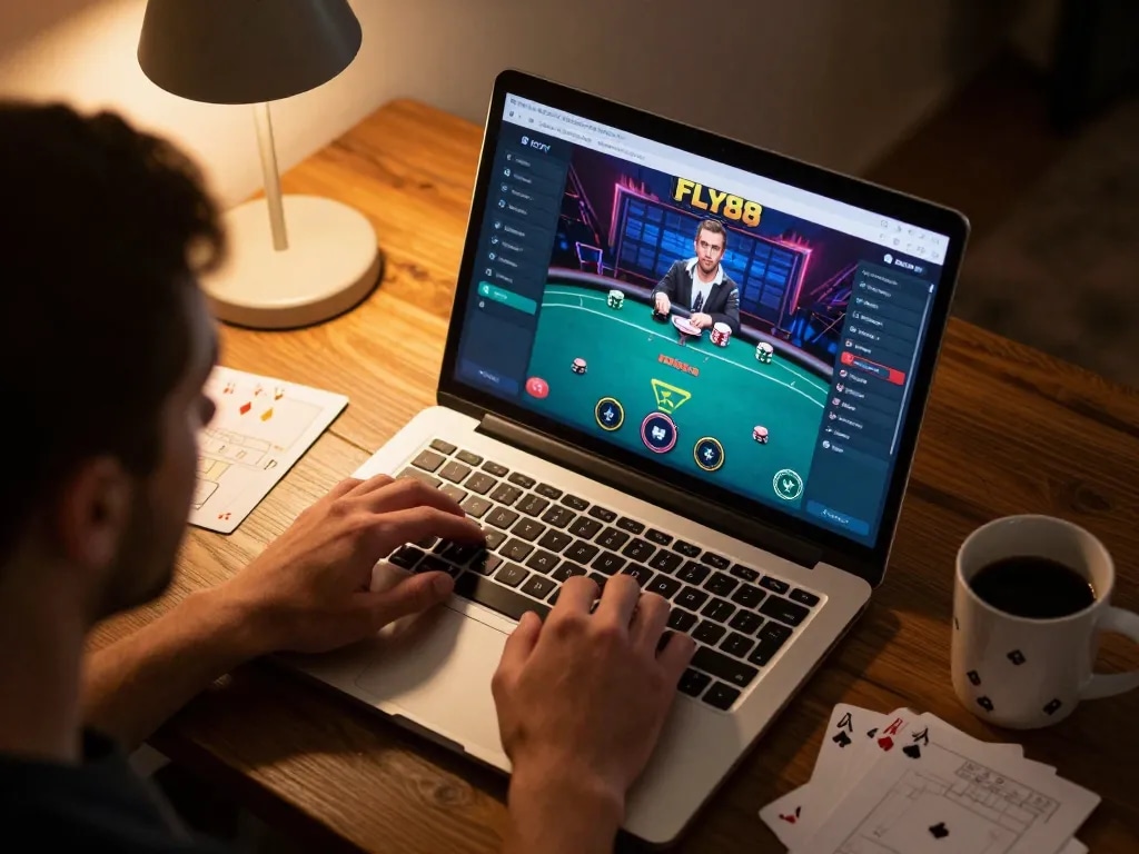 Player engaging in online gaming on FLY88 platform, showcasing poker interface and strategic setup.