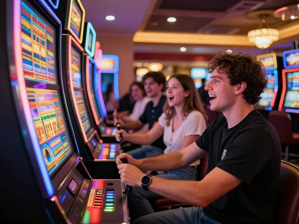 Player engages with a slot machine at legendelectricnd casino, vibrant lights and excitement surround them.