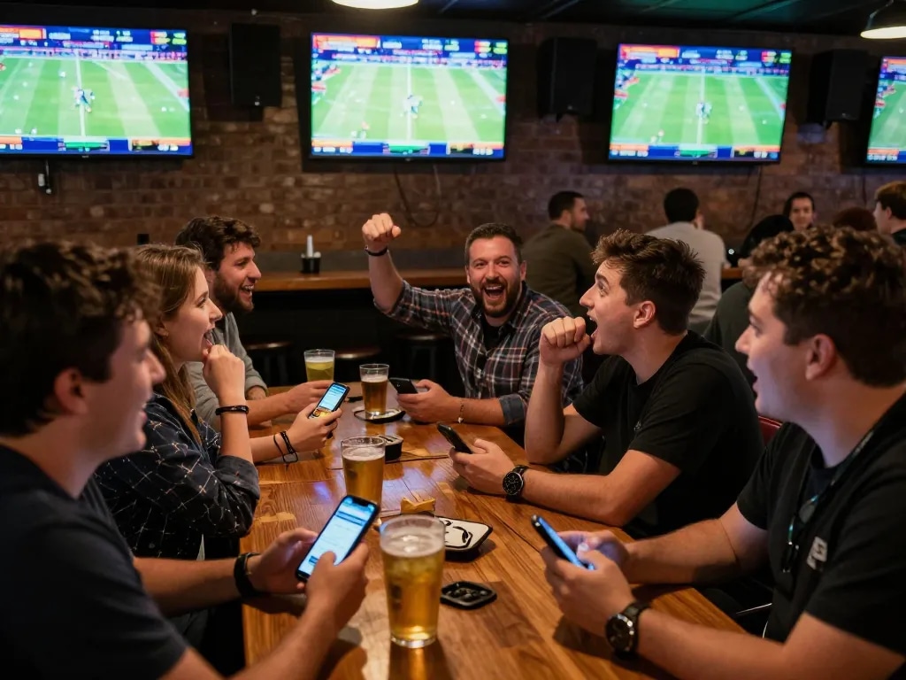 Xem tỷ số bongdalu at a sports bar, patrons excitedly placing bets on live games using smartphones