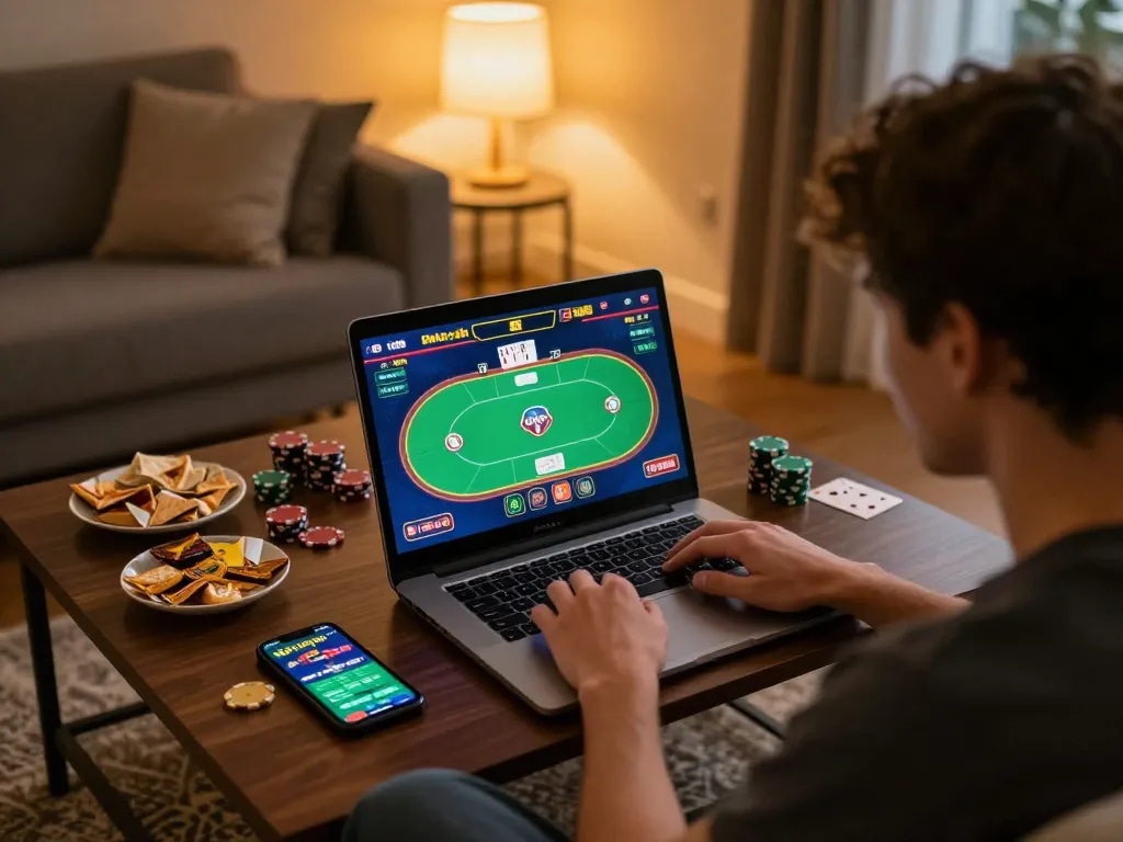 Player enjoying tg88 online poker game, cozy home setup with laptop, snacks, and warm lighting