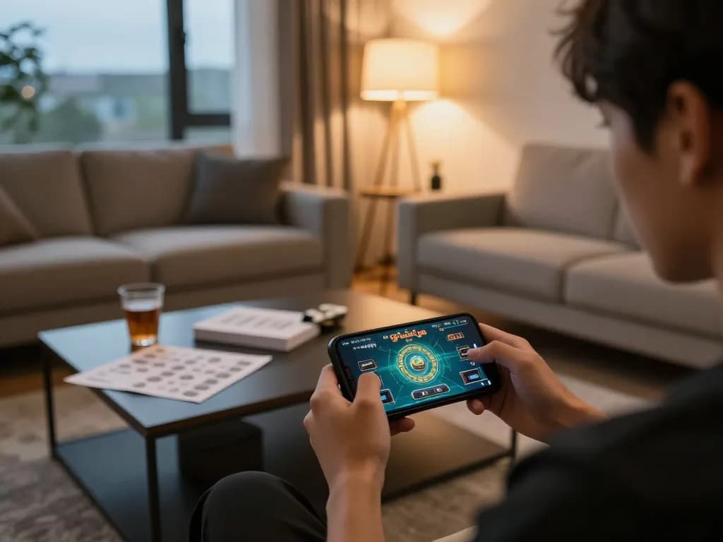Tài xỉu online gameplay on smartphone in a modern living room, showcasing strategic gaming setup.