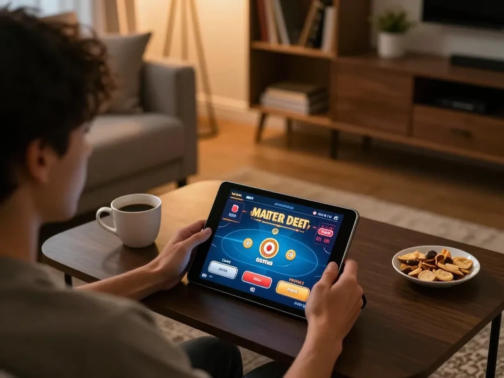 Engaging with poker on a mobile device in a cozy home setting featuring 789P.