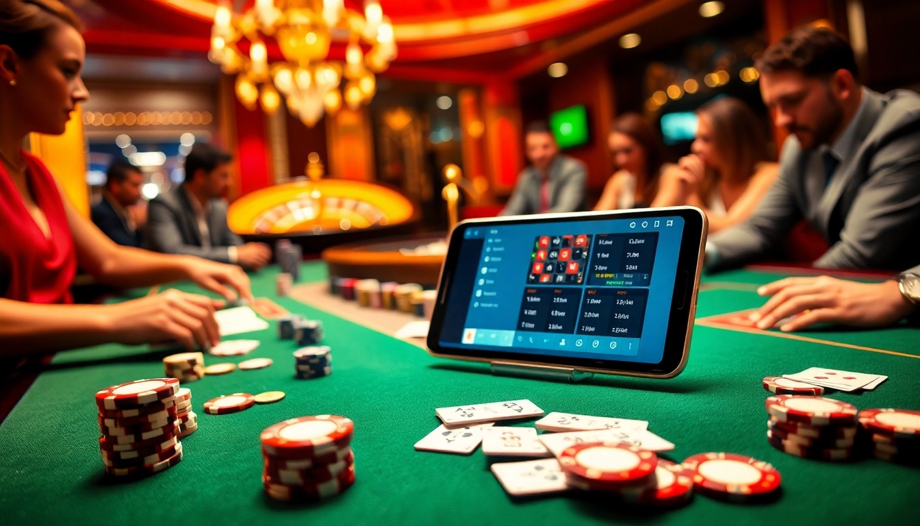 Intense poker game with S8 smartphone displaying betting interface, vibrant casino atmosphere.
