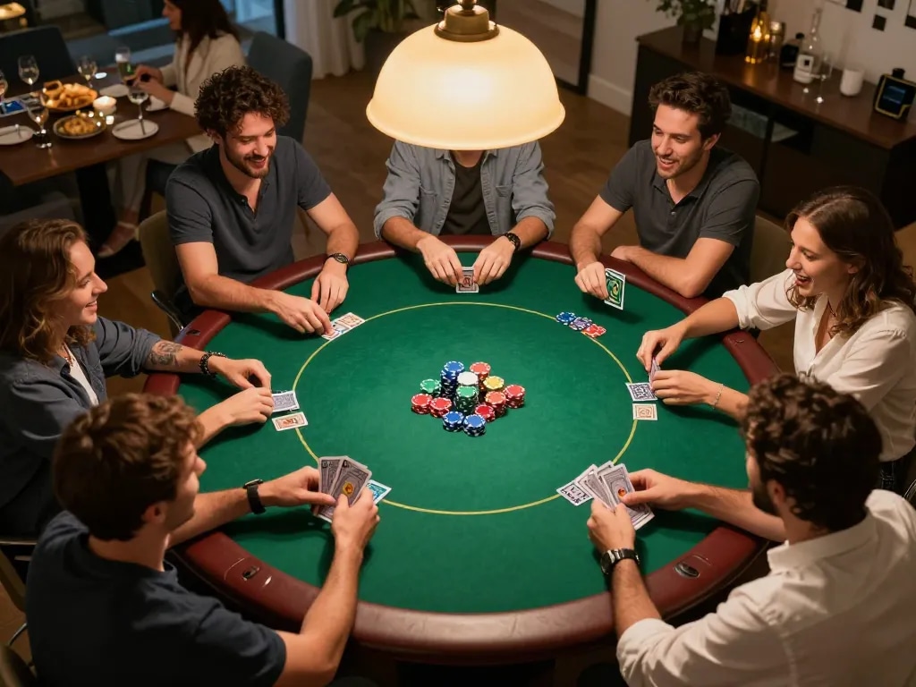 Players enjoying a lively poker game at home, showcasing the excitement of 69vn's gaming experience with colorful poker chips and cards visible.