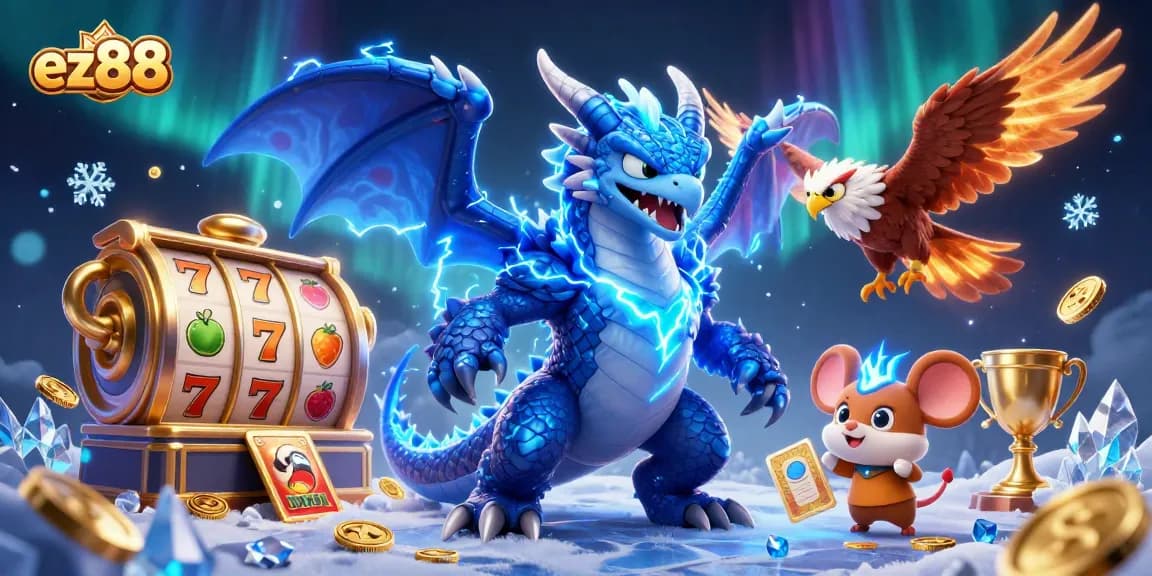 Engage with ez88 at a vibrant online casino scene featuring dynamic slot reels and exciting characters.
