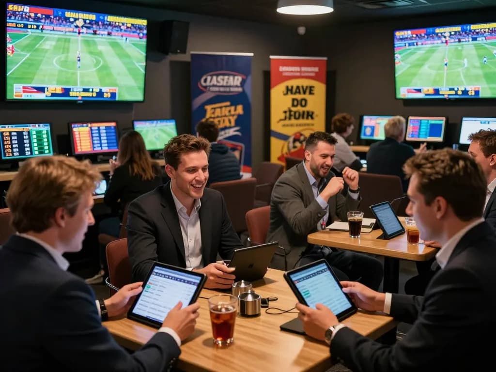 Engaged bettors strategizing their winning bets at a sports lounge with lovingaze insights.