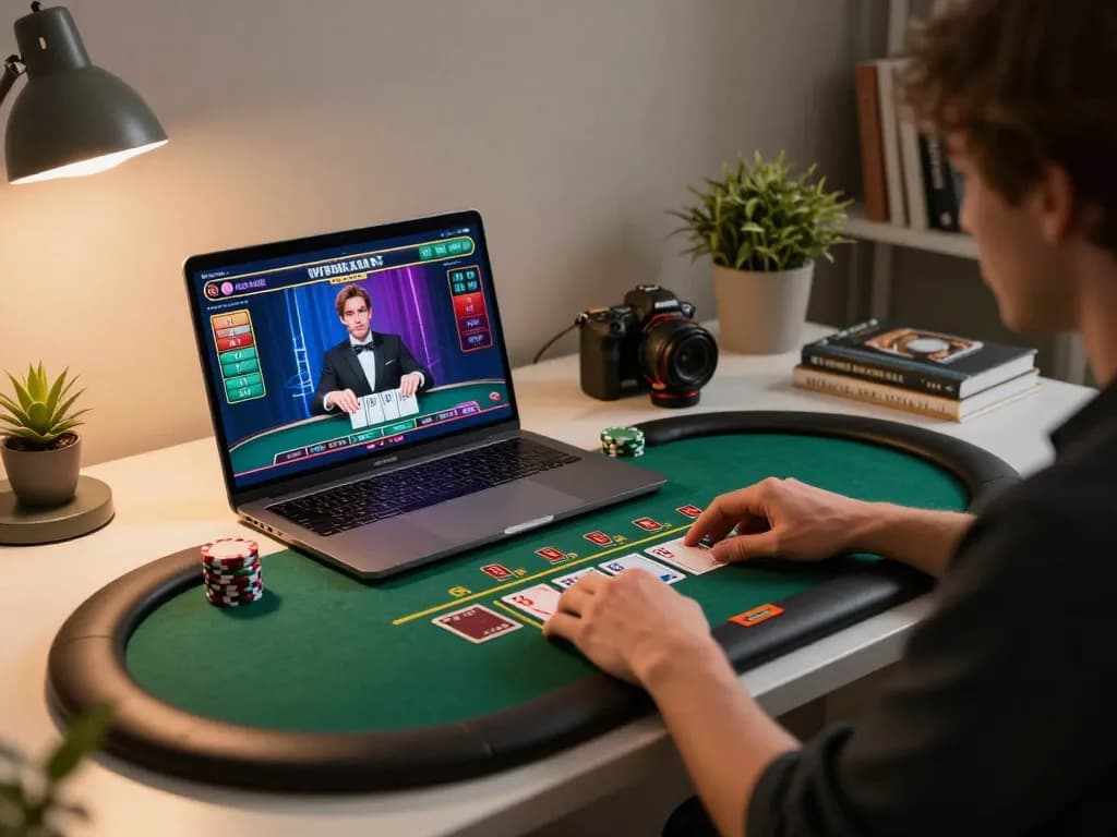 Engaging with bk33 live blackjack from home, showcasing strategic gameplay and a cozy setting