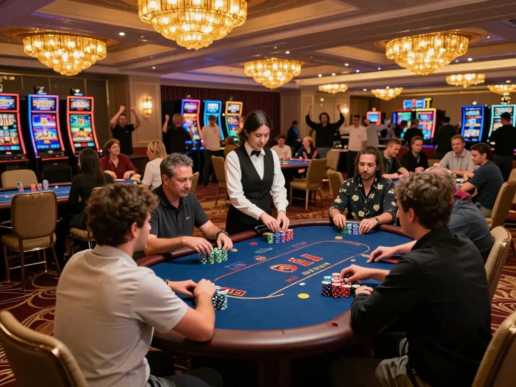 SUNWIN casino players engaged in intense poker game surrounded by vibrant atmosphere