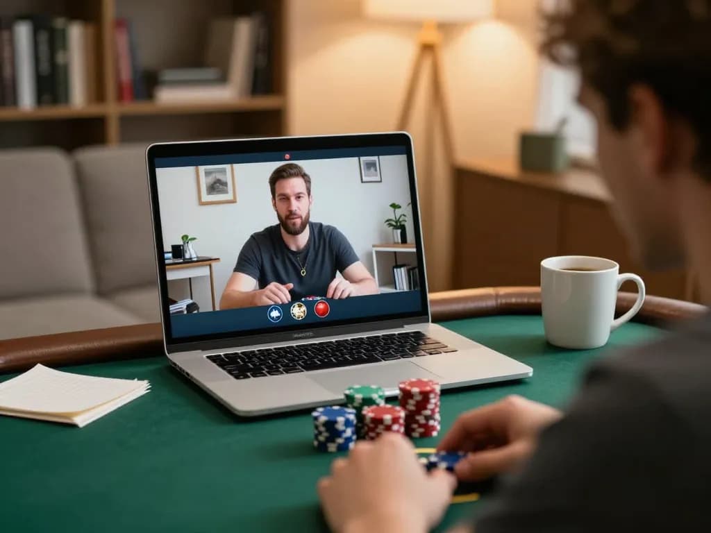 Engaged player in online poker session with antroinelarocque strategy notes and vibrant chips