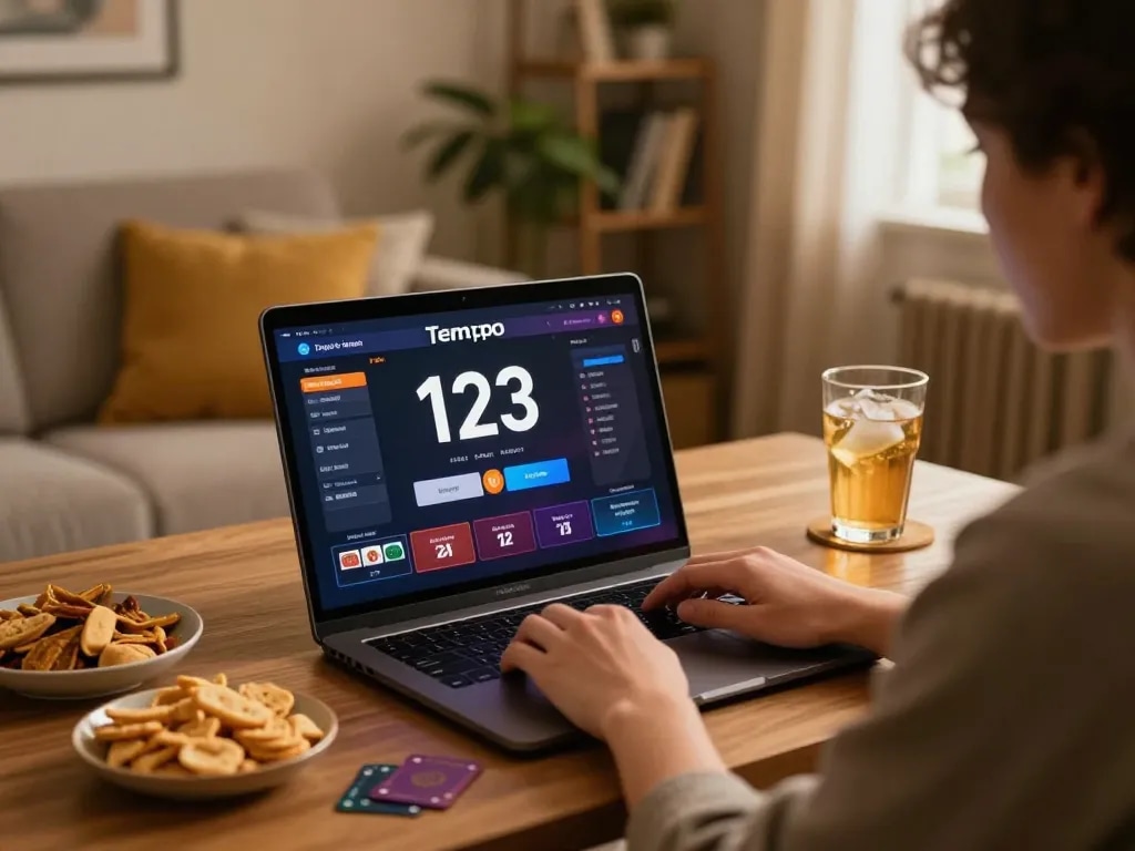 Pemain menikmati permainan slot online Tempo 123 di laptop dengan suasana yang nyaman.