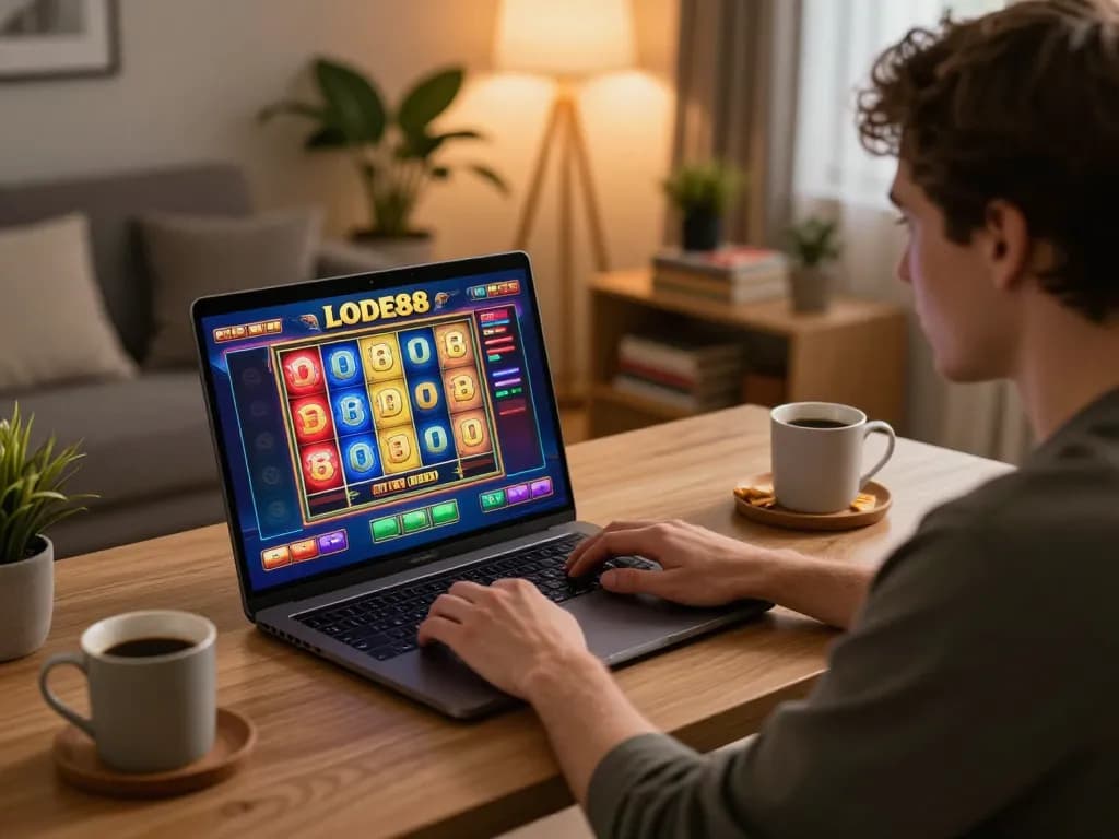 Player engaging in LODE88 online slots, enjoying a strategic gaming session in a cozy home setting