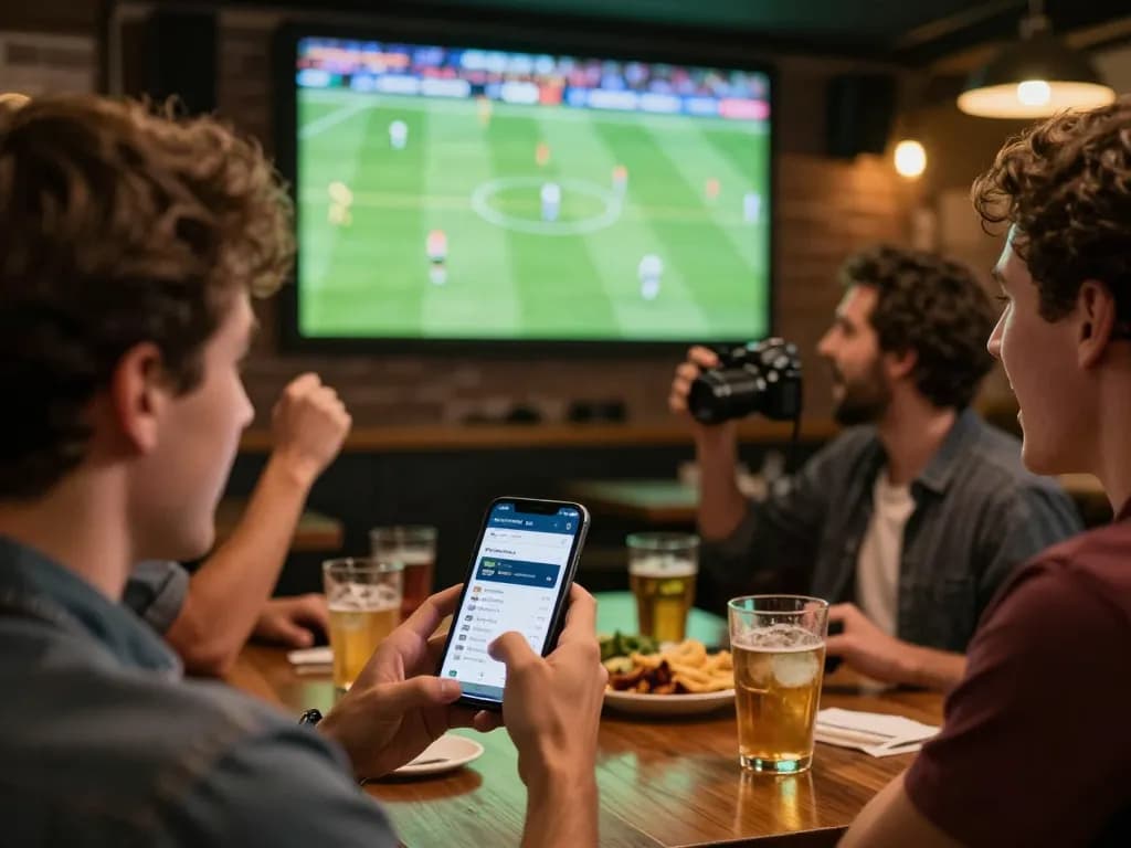 Excited betting at a sports bar with cm88 app on smartphone during a live match