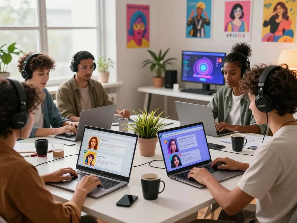 Dynamic interaction in an engaging porn ai chat environment, showcasing playful avatars and vibrant tech decor.