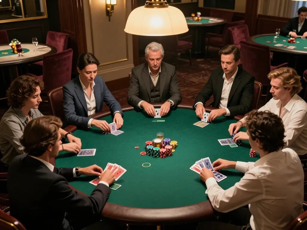 Kuwin players engaged in a high-stakes poker game, showcasing strategic moves at a luxurious, friendly table.