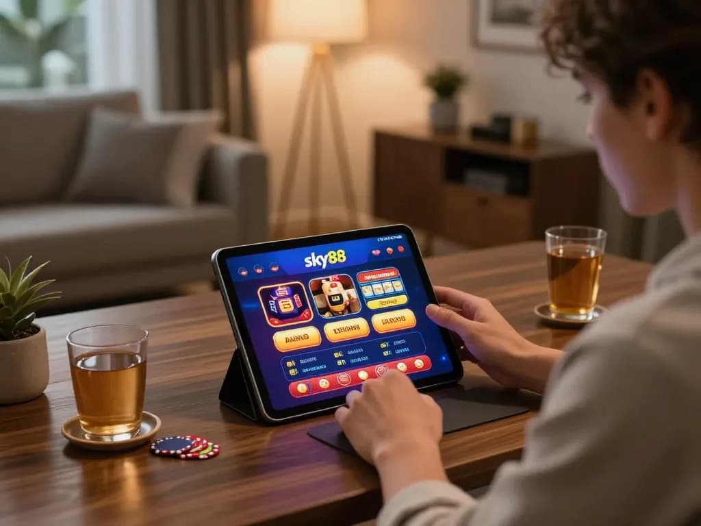 Engaging with the sky88 casino app on a tablet in a stylish home setting, promoting responsible gaming.