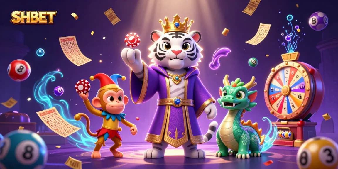SHBET showcases an elegant tiger and playful monkey amidst dynamic poker and lottery elements.
