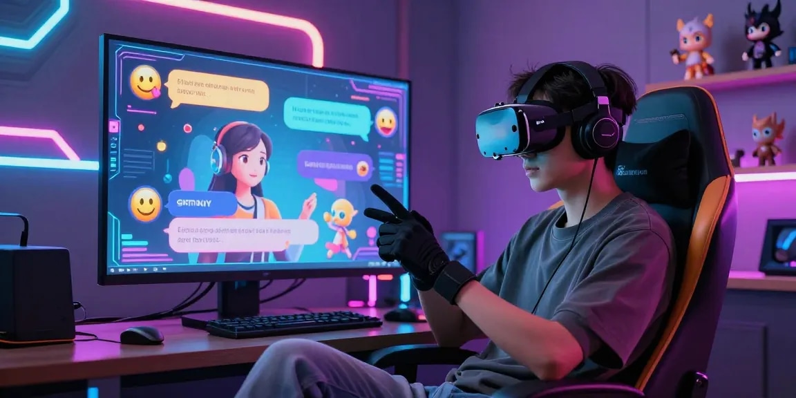 Engaging with NSFW AI character in a futuristic digital setup, showcasing interactive chat.