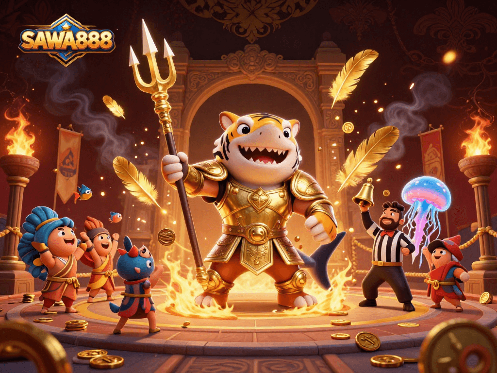 Engage with SAWA888, experiencing thrilling slots gameplay amidst vibrant underwater gladiator action.