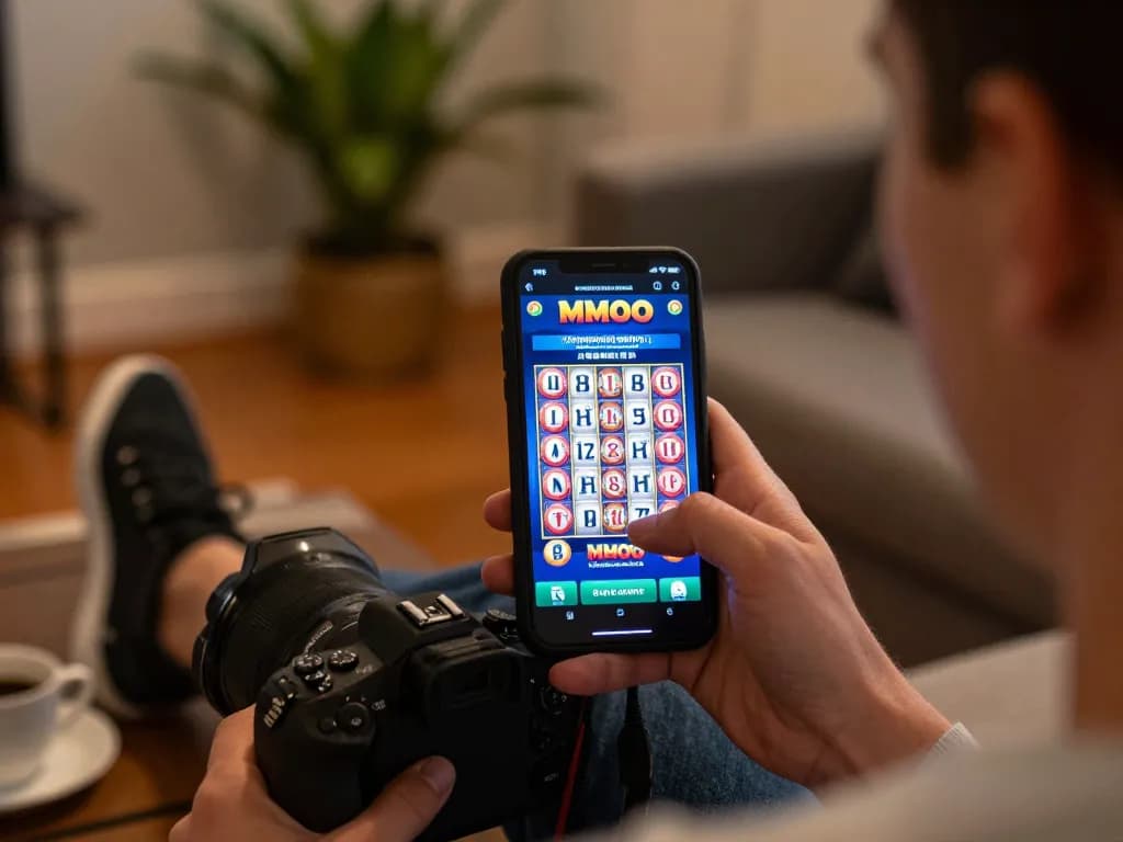 Player engaging with the MMOO mobile casino app while enjoying a cozy home atmosphere