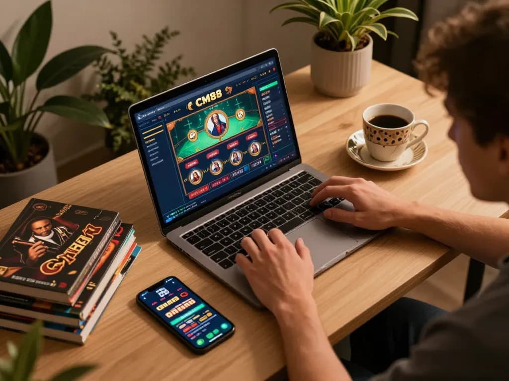Player enjoying CM88 games on a laptop with strategic betting books, creating a cozy gaming atmosphere.