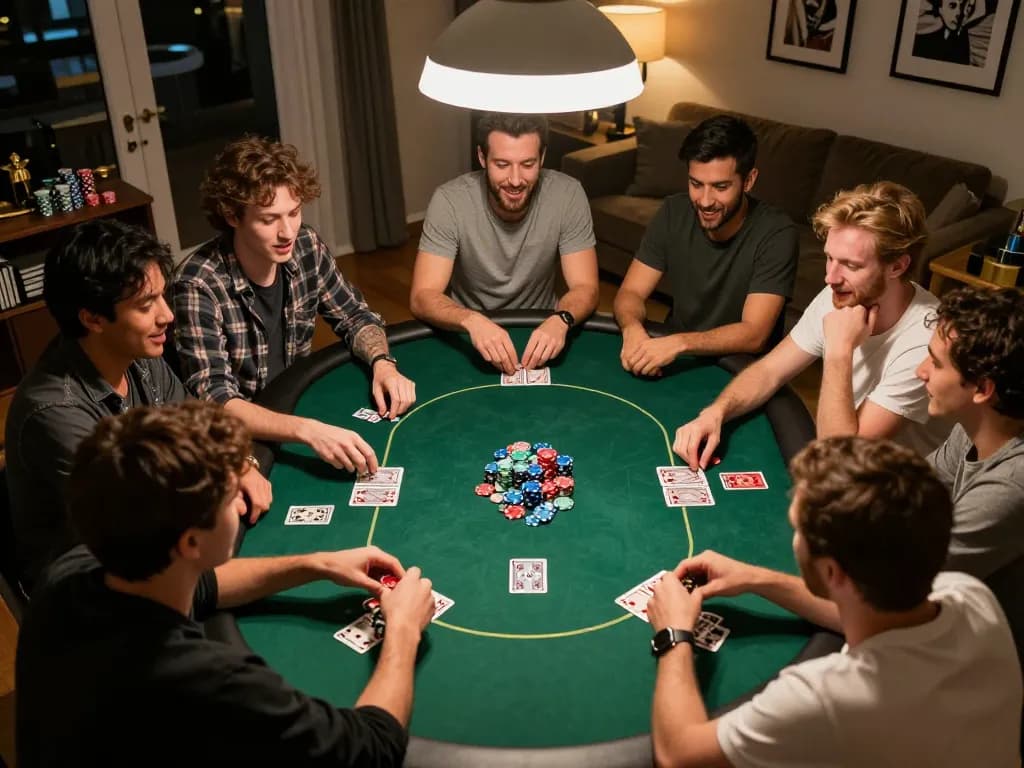 Players at a poker table enjoying a fun evening game night with 99Win branding and lively atmosphere.