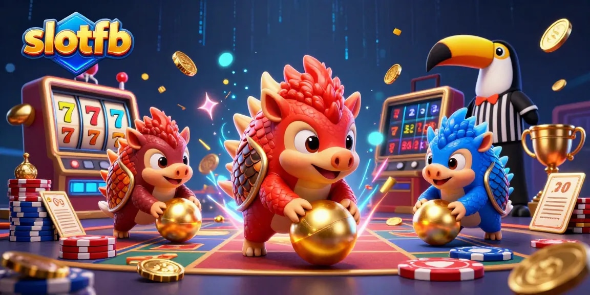Engage with slotfb's vibrant slot game scene featuring competitive pangolins and golden gaming elements.