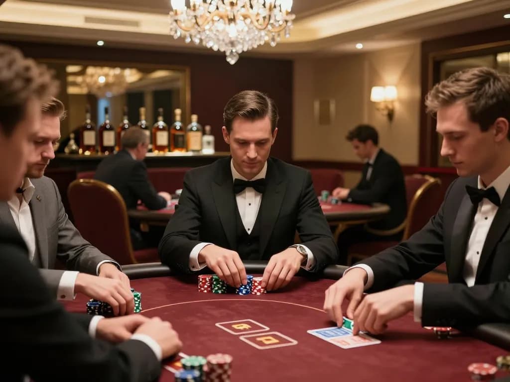 Players strategizing intense poker match at KJC, showcasing high-stakes gameplay and elegant atmosphere