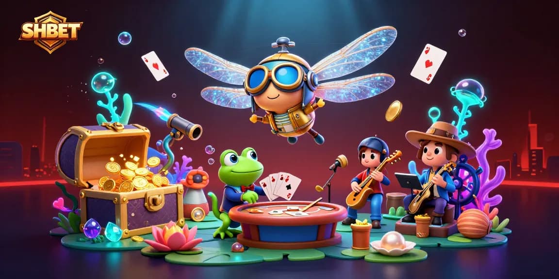 Experience SHBET's vibrant casino world with a dragonfly pilot, frog dealer, and jazz musicians.
