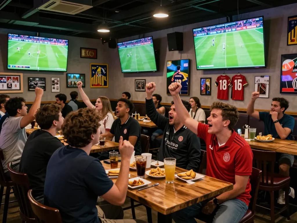 Watch Trực tiếp bóng đá with enthusiastic fans in a lively sports bar setting