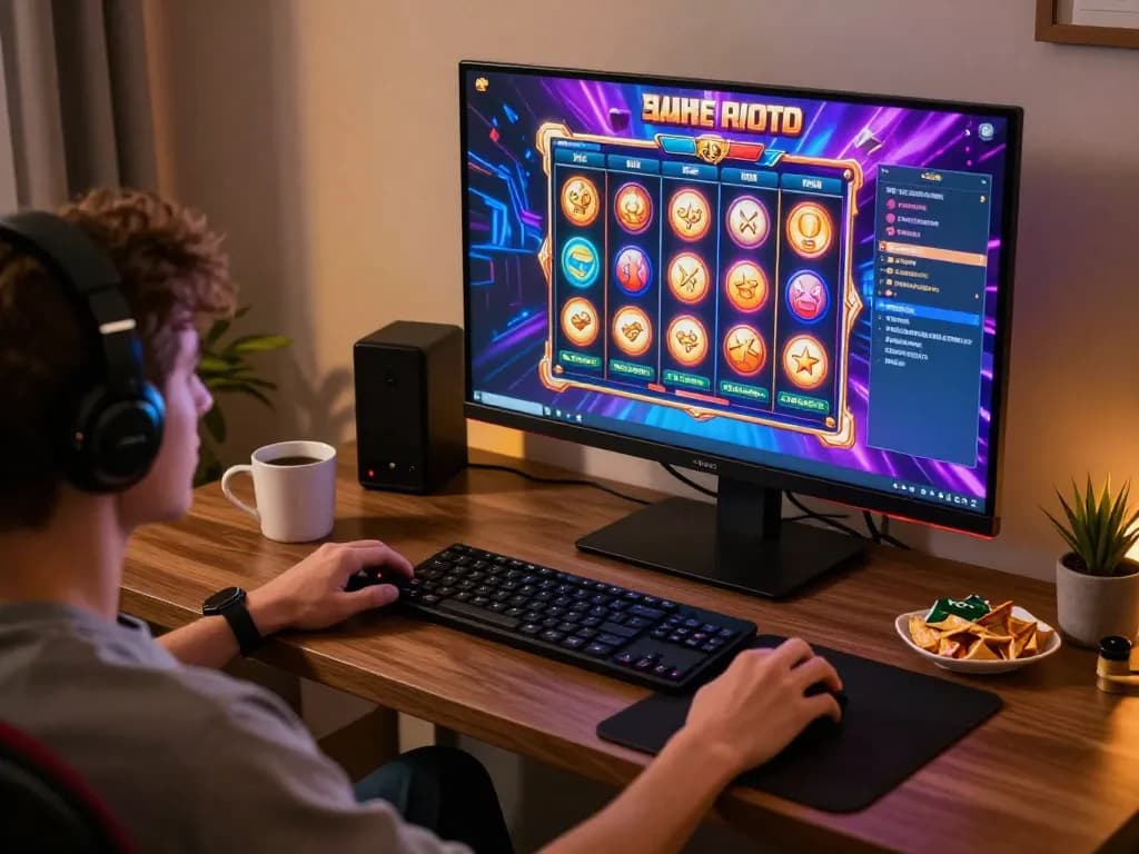 Winning players enjoy link slot gameplay on colorful online slots interface in cozy home setting
