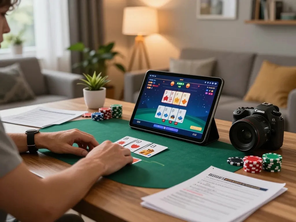 Player enjoying F168 poker strategy on tablet in cozy home setting with betting notes.