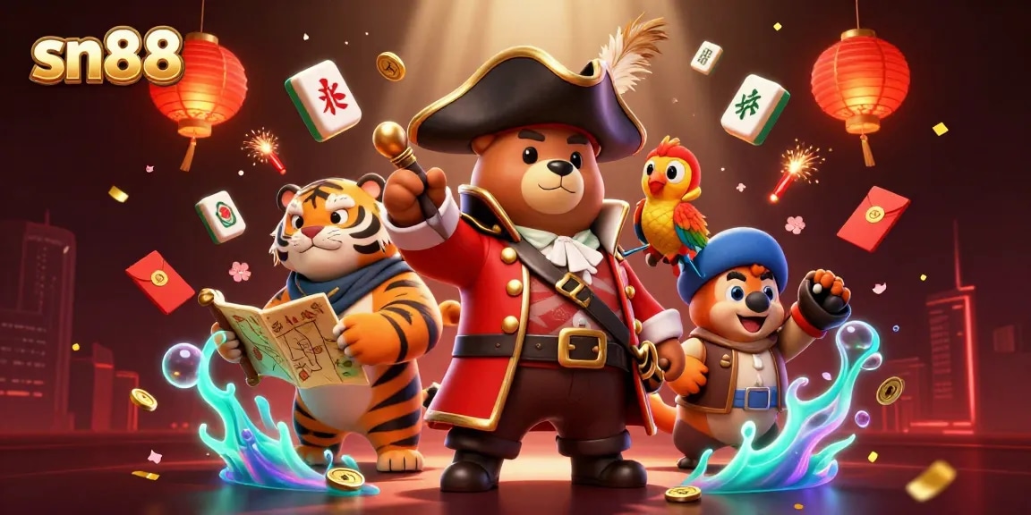 sn88 pirate-themed illustration capturing a lively casino atmosphere with vibrant elements and dynamic characters.