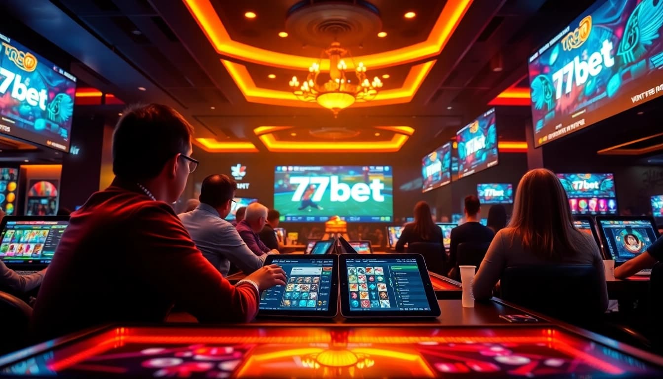 77bet online gambling platform showcasing a vibrant digital casino scene with players and games.