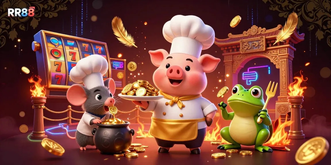 RR88 showcases thrilling casino entertainment with a chef pig serving gold coins and vibrant slot elements.