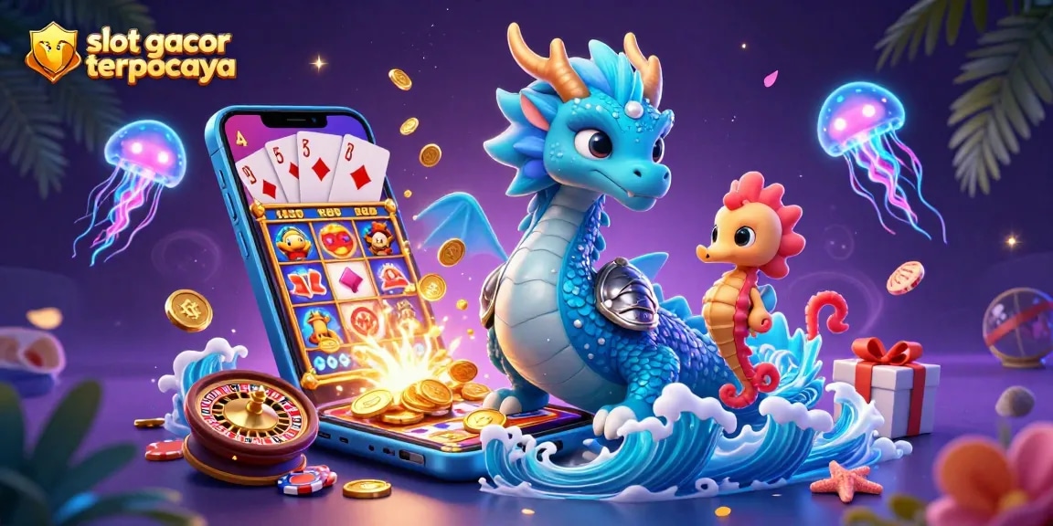 Play slot gacor terpercaya with glowing neon jellyfish and ocean dragon in a vibrant casino scene.