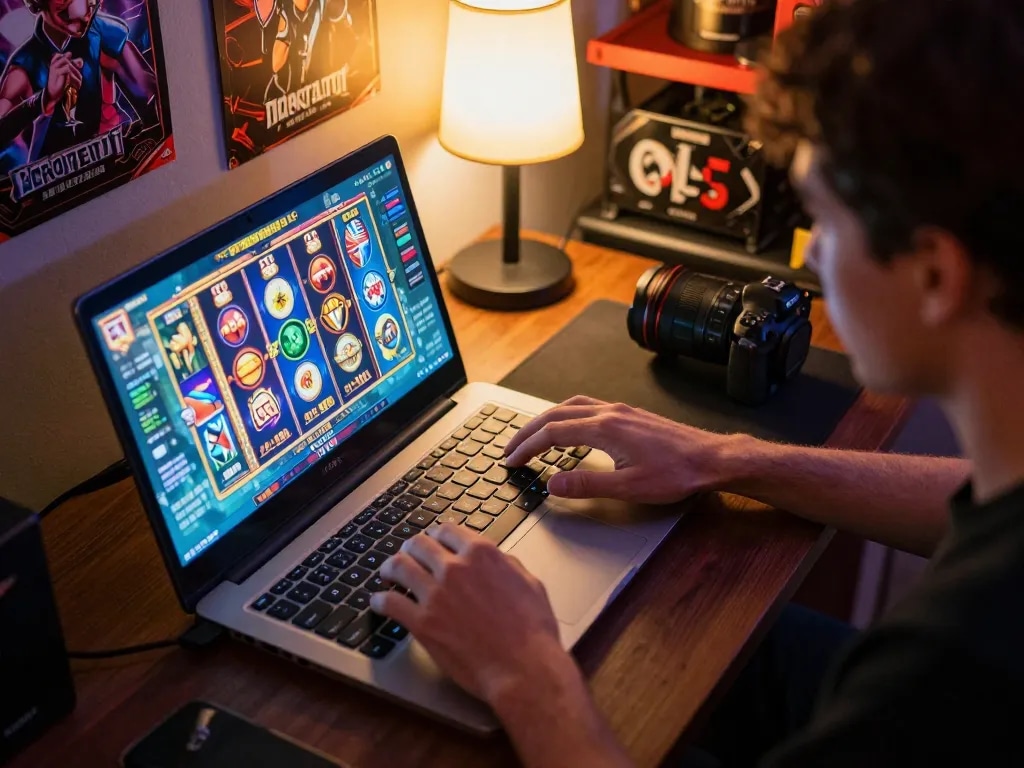 Excited player engaging with slot games on a laptop at home, showcasing an online gambling experience.