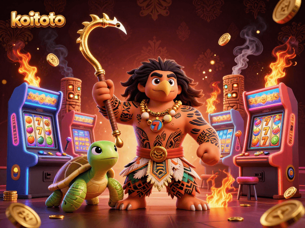Koitoto's vibrant 3D casino scene showcases a Polynesian demigod and slot machines.