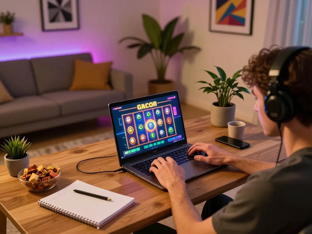 Engaging in a slot gacor game at home with vibrant interface on laptop
