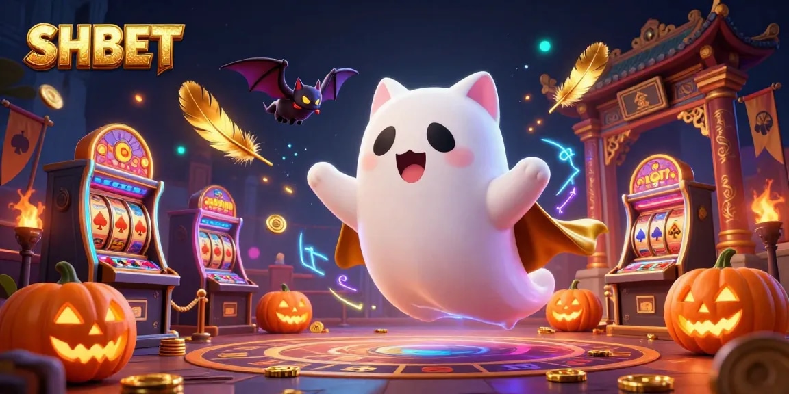 SHBET offers a dynamic casino experience with a ghost cat, vampire bat, and vivid game elements.