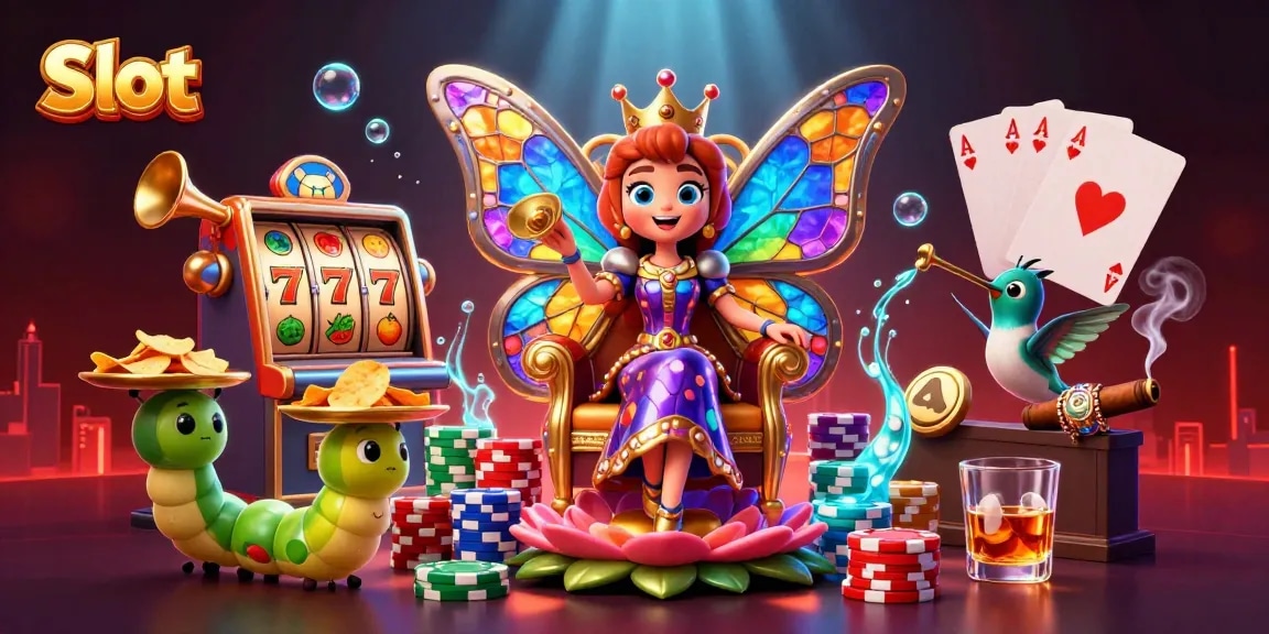 Spin the slot reels for fortune with a colorful, vibrant casino scene featuring a butterfly queen.