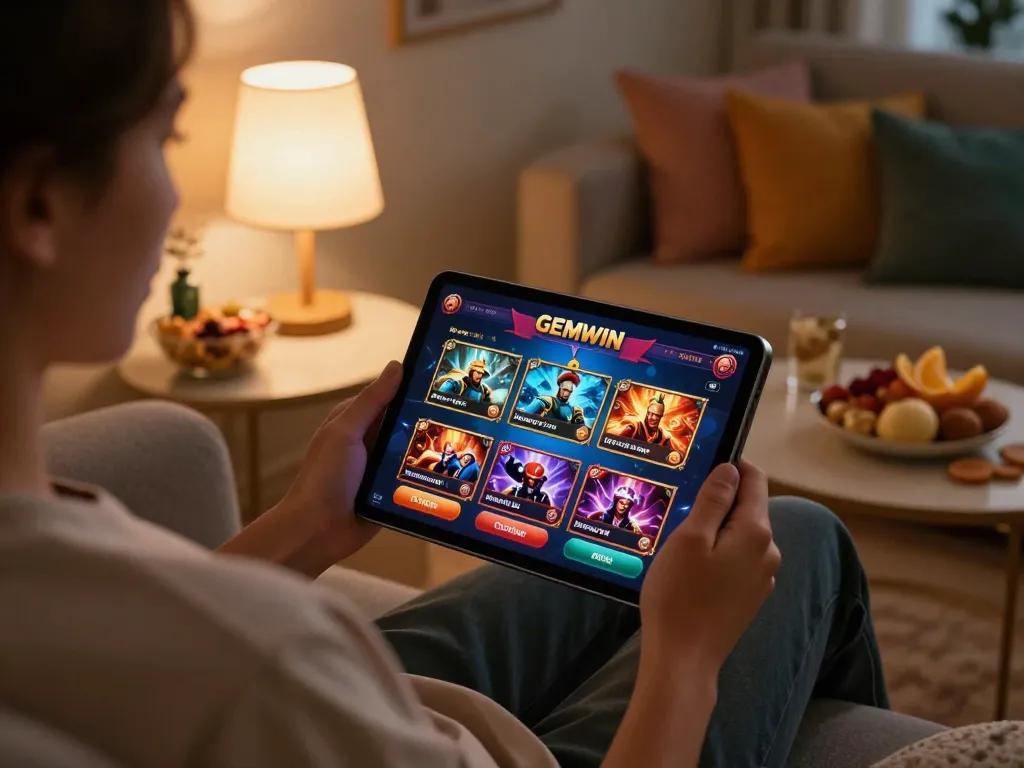 Engaged player enjoying GEMWIN online casino on tablet in a cozy home setting, vibrant game interface displayed.
