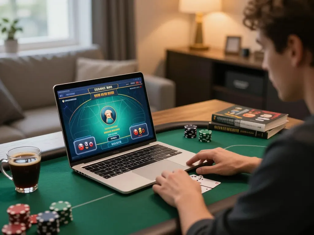Gameplay poker online yang menarik diterangi oleh antarmuka telepathywear, menampilkan taruhan strategis.